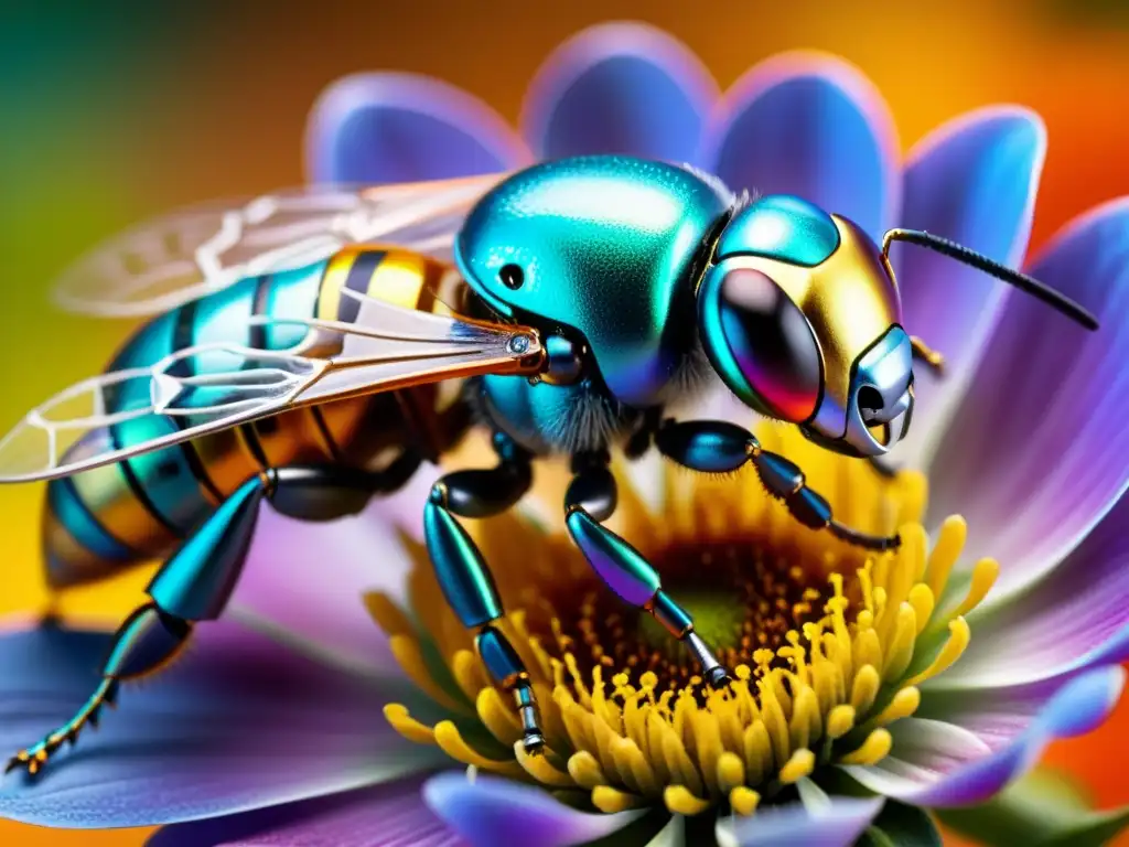 Una abeja robótica tecnológica se posa sobre una flor vibrante, fusionando belleza natural con innovación tecnológica