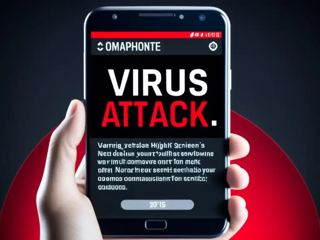 Advertencia de ataque de virus en pantalla de smartphone con diseño moderno y colores rojo y negro