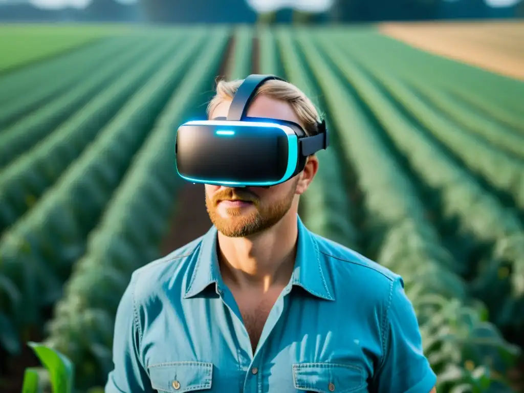 Un agricultor usando un auricular de realidad virtual en un campo verde