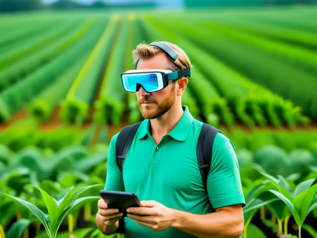 Un agricultor con gafas de realidad aumentada observa datos de cultivos