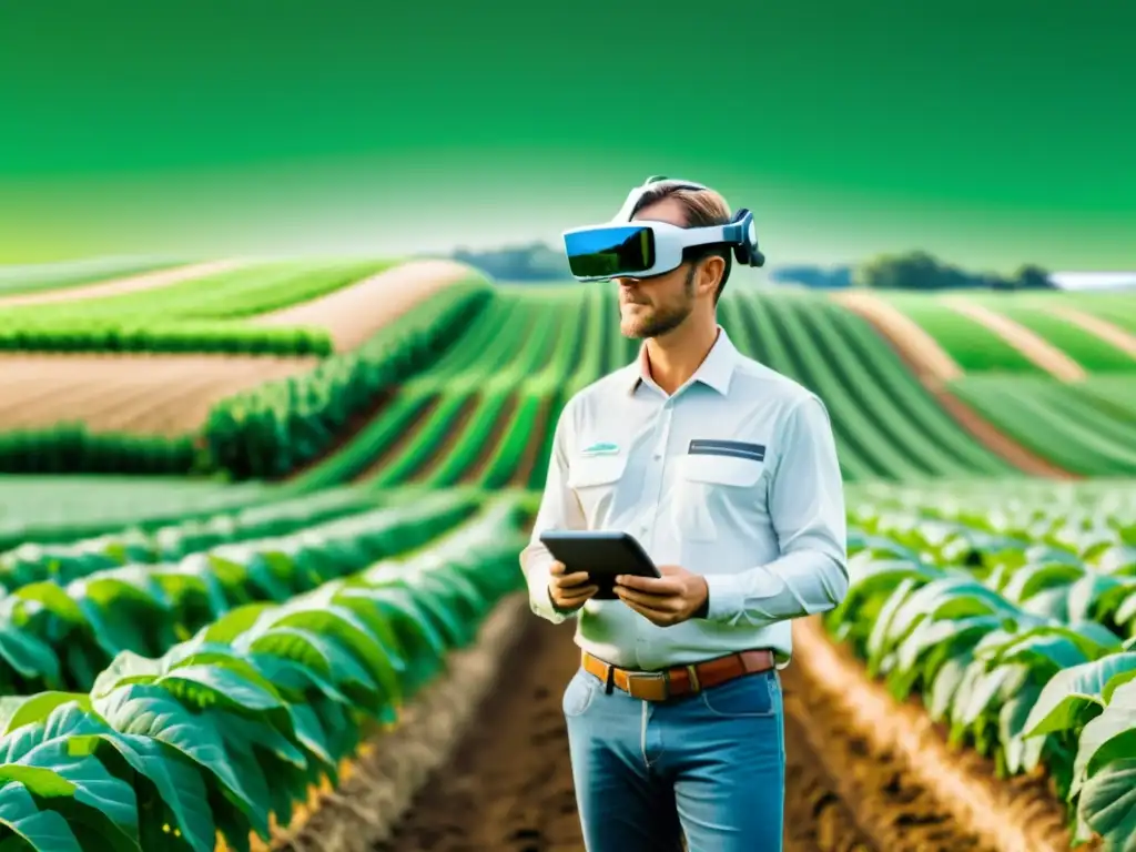 Un agricultor usa gafas de realidad aumentada en un campo verde, con datos digitales de salud de las plantas