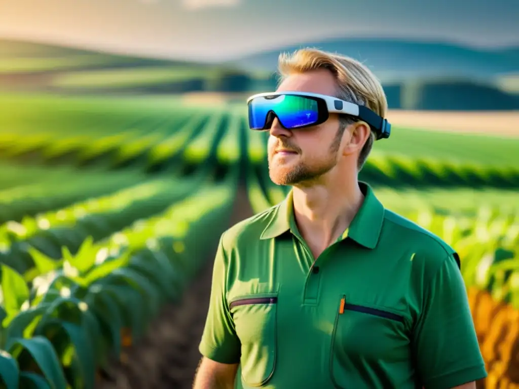 Un agricultor con gafas de realidad aumentada examina los datos de sus cultivos en un campo exuberante