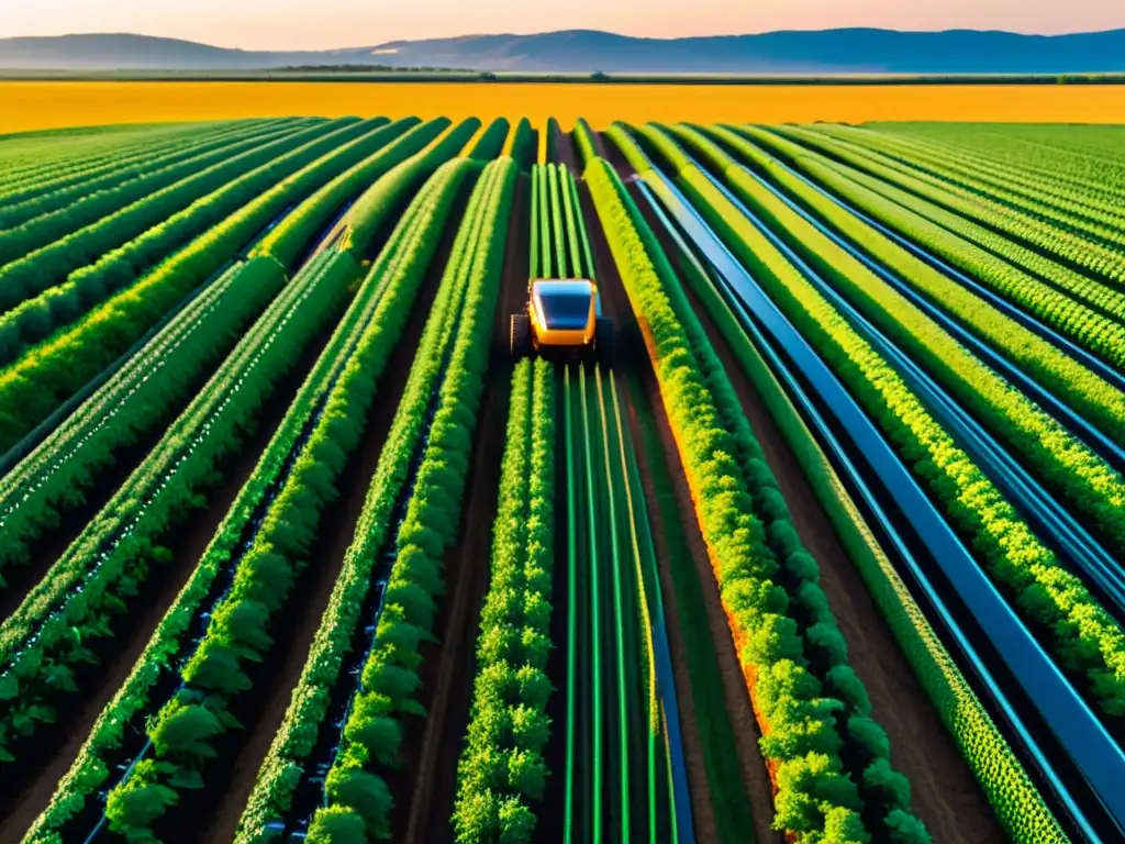 Agricultura del futuro: campo verde con cultivos vibrantes y tecnología avanzada