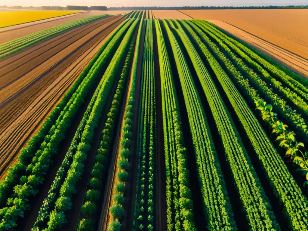 Agricultura de precisión con inteligencia artificial: campo futurista con cultivos perfectamente alineados, bañados por la cálida luz del atardecer