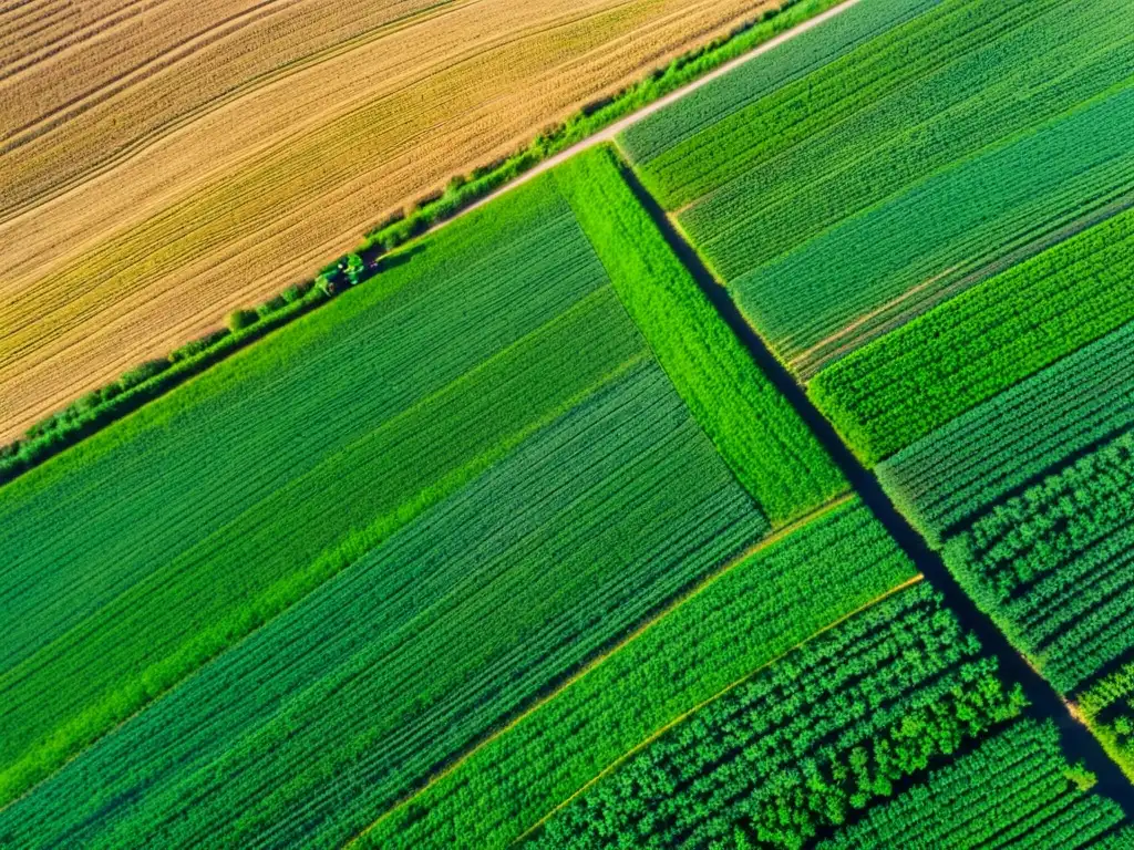 Agricultura inteligente con Blockchain: un campo verde exuberante se extiende hasta el horizonte, con cultivos ordenados y un cielo azul claro