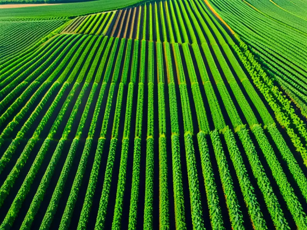 Agricultura inteligente con IA: campo de cultivos verdes y maquinaria agrícola moderna al fondo