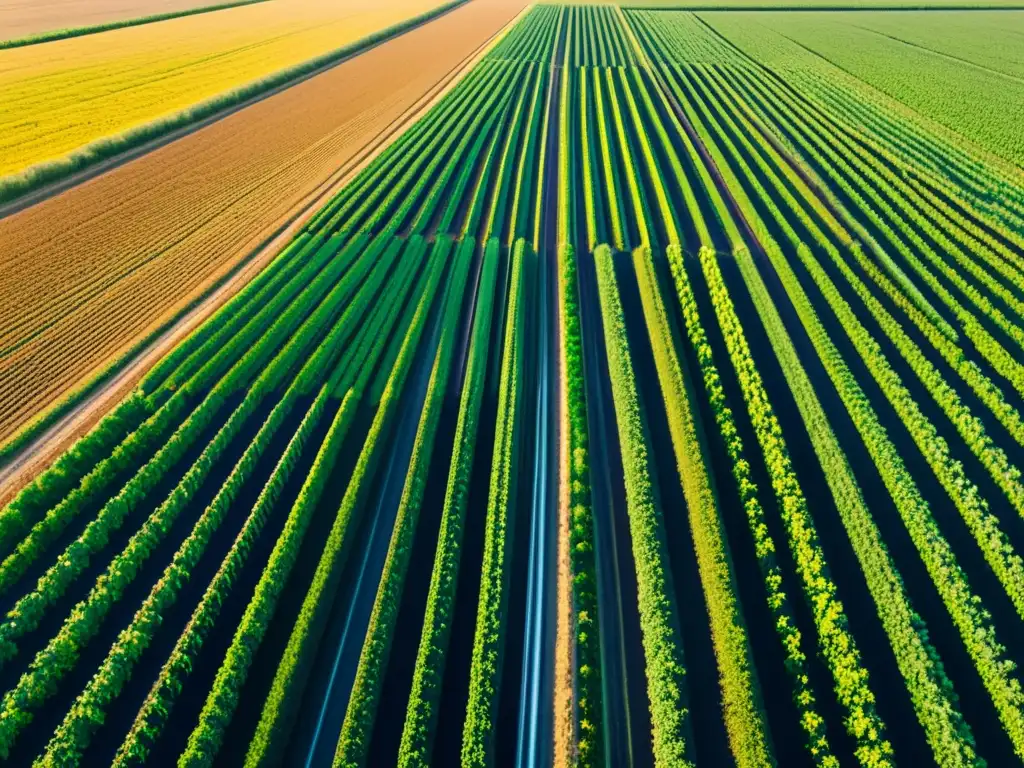 Agricultura inteligente con IA: Campo agrícola moderno con cultivos y tecnología avanzada bañados en luz dorada