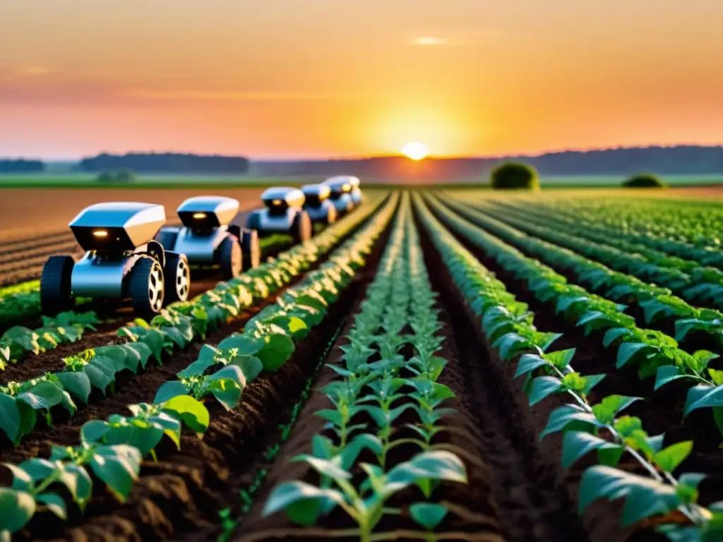 Agricultura inteligente con IA: Robots precisos monitorean cultivos al atardecer, transmitiendo calidez y tecnología