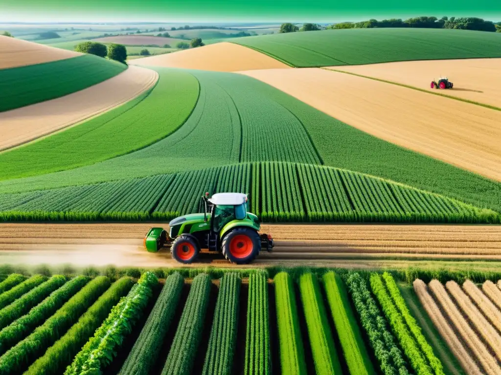 5G revoluciona la agricultura rural Implementación 5G en la agricultura rural: campo verde con tractor y agricultores usando tecnología