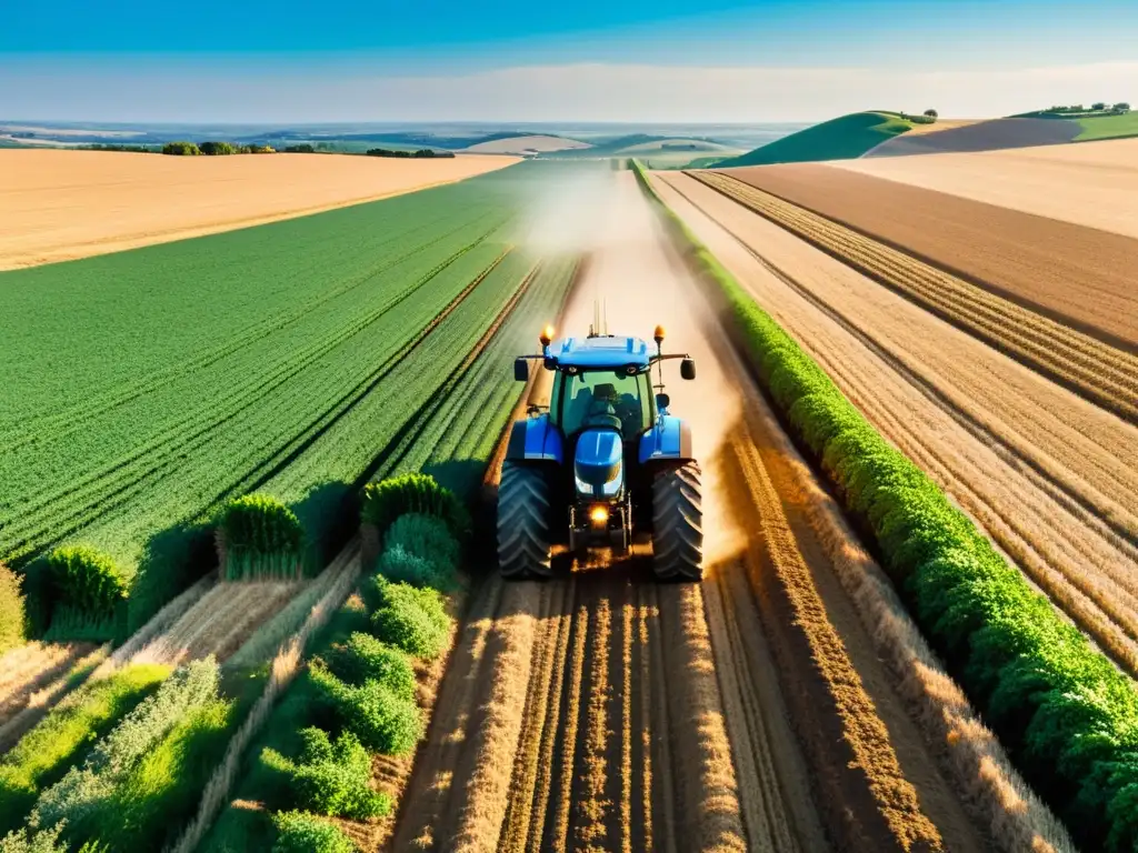Tractor 5G moderniza la agricultura rural Implementación 5G en la agricultura rural: moderna tecnología trabaja en armonía con la naturaleza en un paisaje rural amplio y soleado