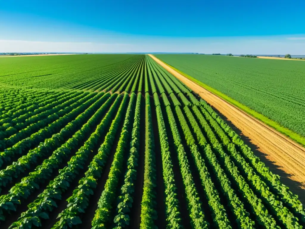 Agricultura sostenible y tecnología se integran en un campo verde y exuberante, con cultivos vibrantes bajo un cielo azul