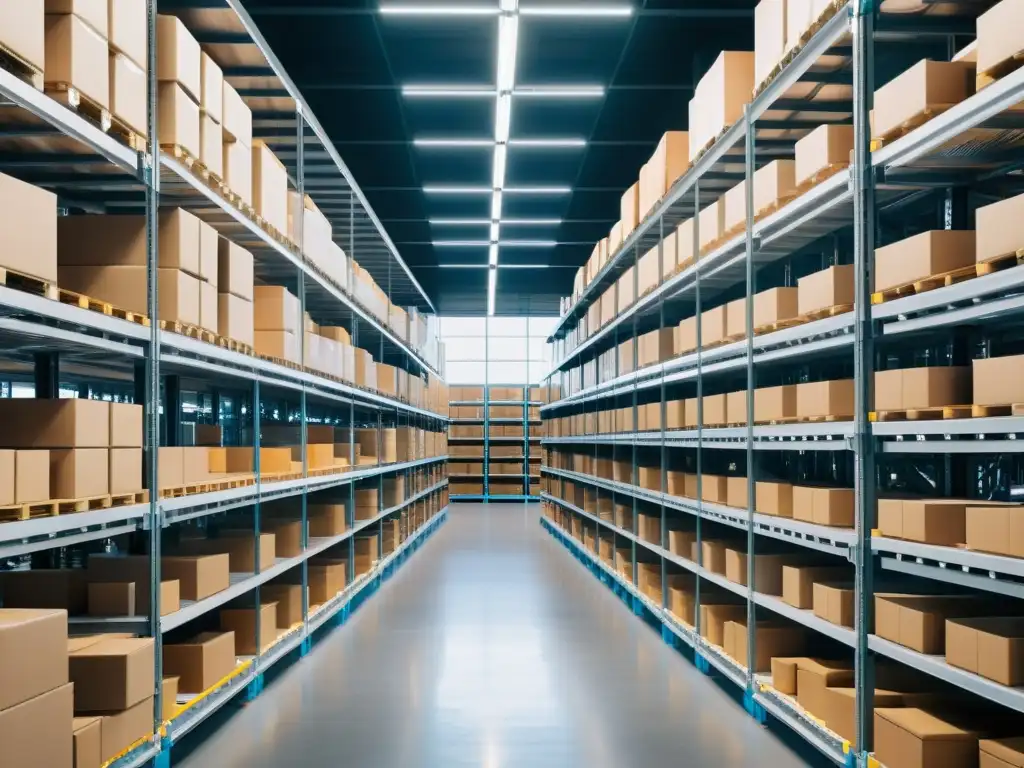 Algoritmos predictivos para gestión de inventario: Almacén futurista con estantes organizados, luz natural y robots moviendo productos