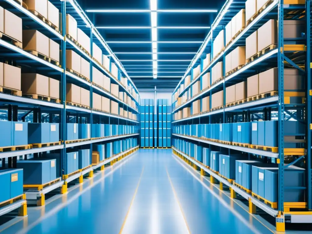 Un almacén futurista de alta tecnología con estanterías organizadas y robots gestionando inventario