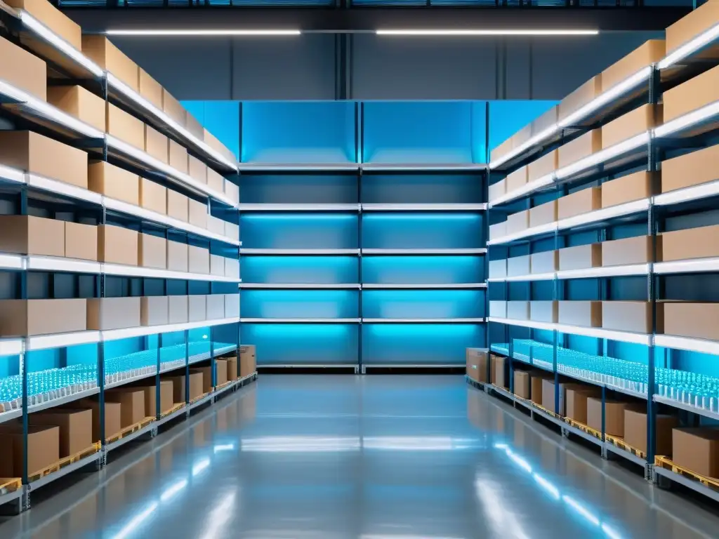 Un almacén futurista con estanterías organizadas y cajas etiquetadas