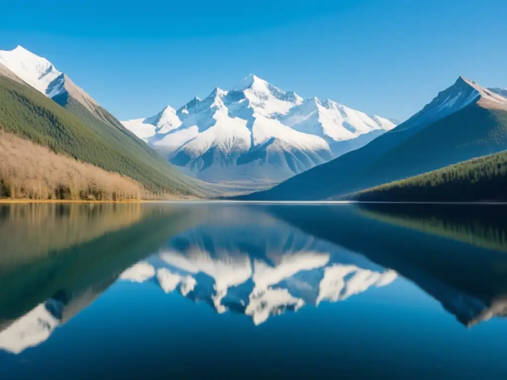 Innovación en almacenamiento de datos a gran escala: Un lago sereno refleja montañas nevadas bajo un cielo azul, transmitiendo calma y belleza natural