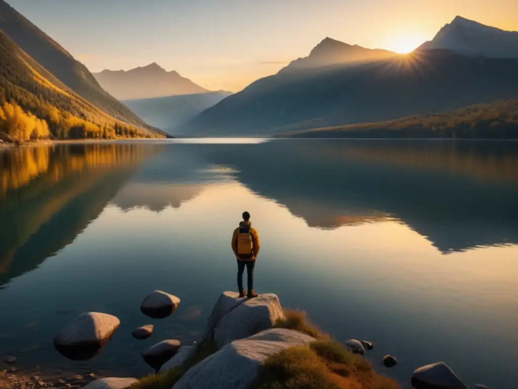 Innovación en almacenamiento de datos a gran escala: Un lago tranquilo rodeado de imponentes montañas al atardecer, con el sol creando un cálido resplandor dorado sobre la escena