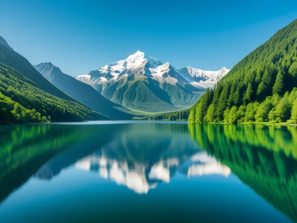 Innovación en almacenamiento de datos a gran escala: Imagen serena y minimalista de un vasto lago cristalino rodeado de exuberante vegetación, reflejando montañas nevadas y un cielo sereno, transmitiendo una sensación de espacio infinito y tranquilidad