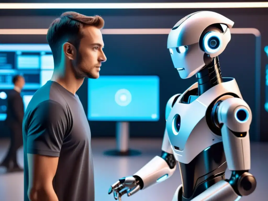 Interacción humano-robot en entorno futurista 8k Interacción hombre robot en ambiente futurista con tecnologías emergentes y comunicación avanzada