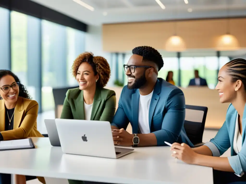 Un ambiente laboral inclusivo y colaborativo, con profesionales diversos trabajando juntos en una oficina moderna