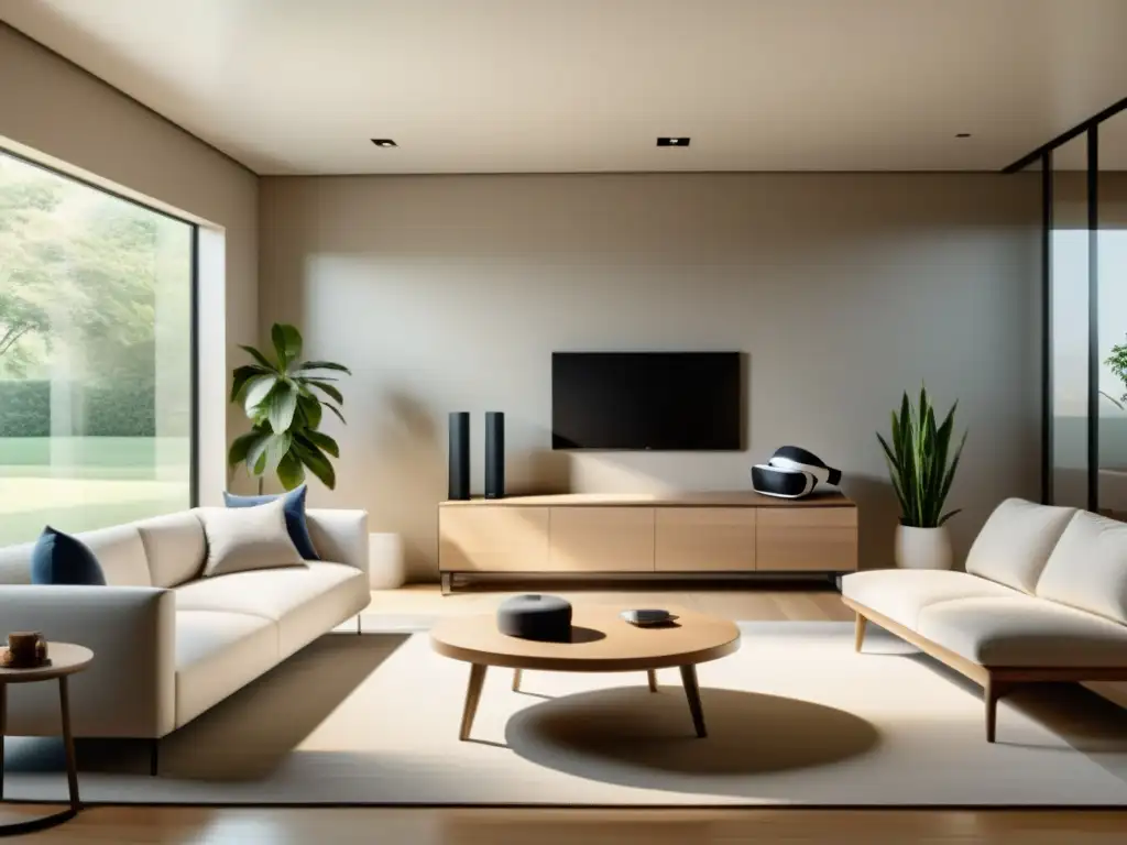 Ambiente minimalista con muebles modernos, realidad aumentada diseño interiores colaborativo, luz natural y amplitud