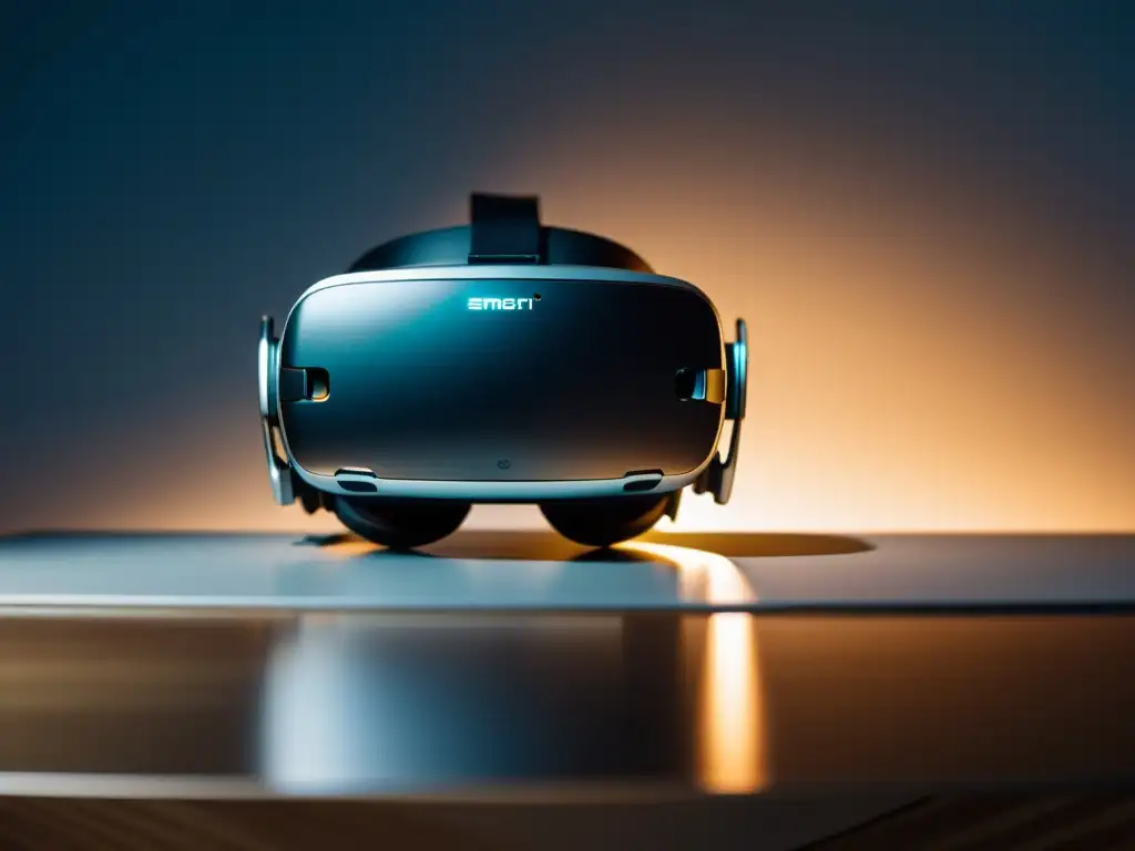 Un ambiente sofisticado y futurista con un auricular de realidad virtual en un escritorio moderno