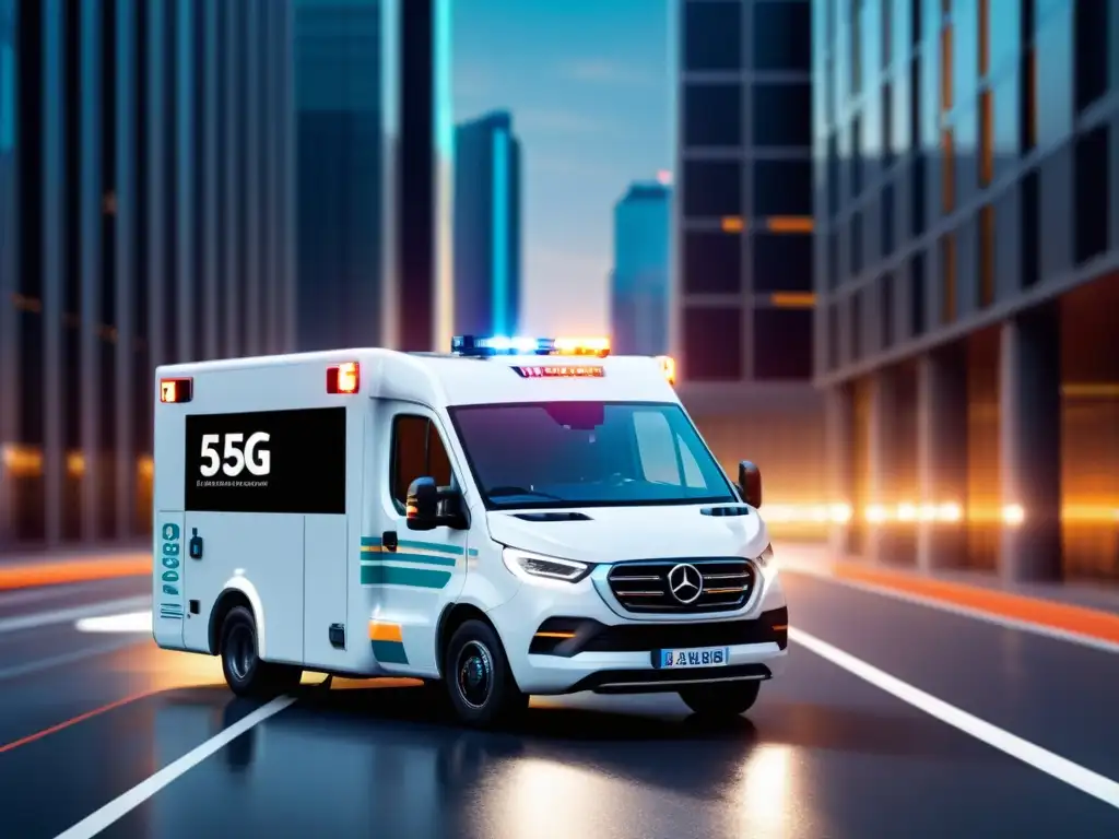 Una ambulancia futurista equipada con tecnología médica 5G, destacando el impacto del 5G en emergencias médicas