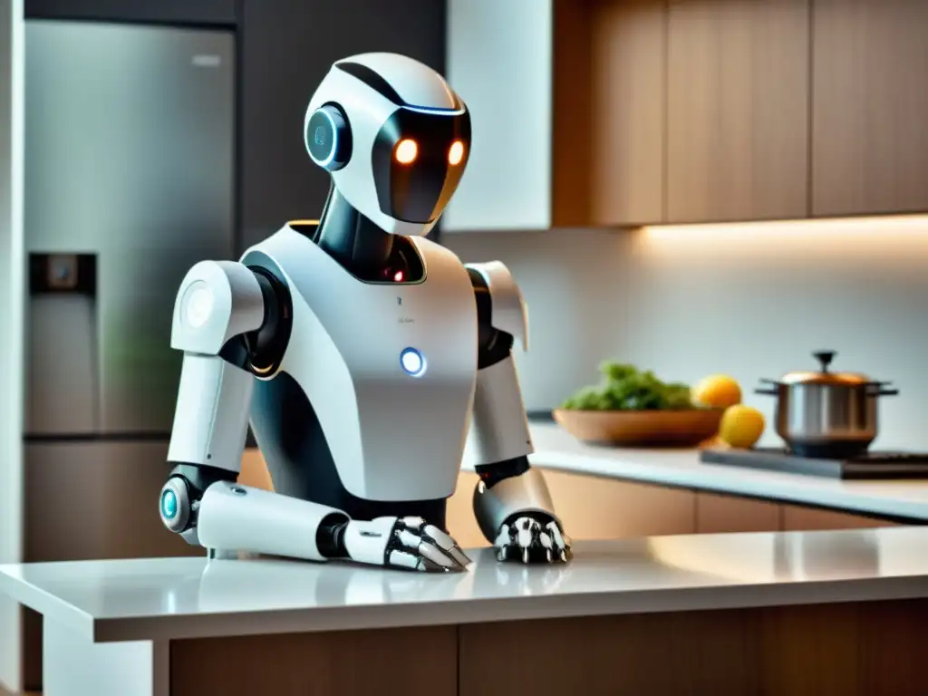 Un amigable robot con IA ayuda en la cocina, mostrando armonía entre humanos y Robots sociales con inteligencia artificial