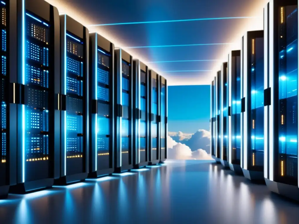 Servidores futuristas conectados en el cielo nublado Análisis avanzado con Cloud Computing y Big Data: servidores futuristas conectados en el cielo nublado, con haces de datos entre ellos y una luz suave