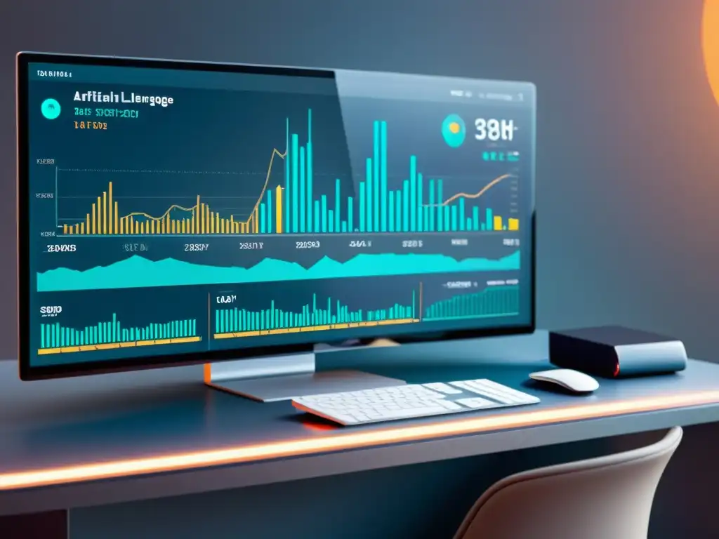 Transformación del análisis de mercado con inteligencia artificial: Interfaz futurista analizando datos con gráficos dinámicos en colores frescos y sofisticados