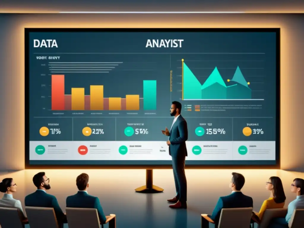 Un analista de datos cautiva a su audiencia con técnicas de storytelling para análisis de datos, presentando visualmente en una pantalla grande