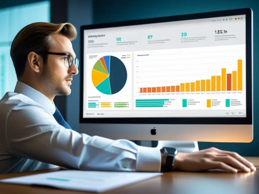 Un analista de datos estudia gráficos en la pantalla de la computadora, reflexionando sobre las ventajas del análisis predictivo en marketing