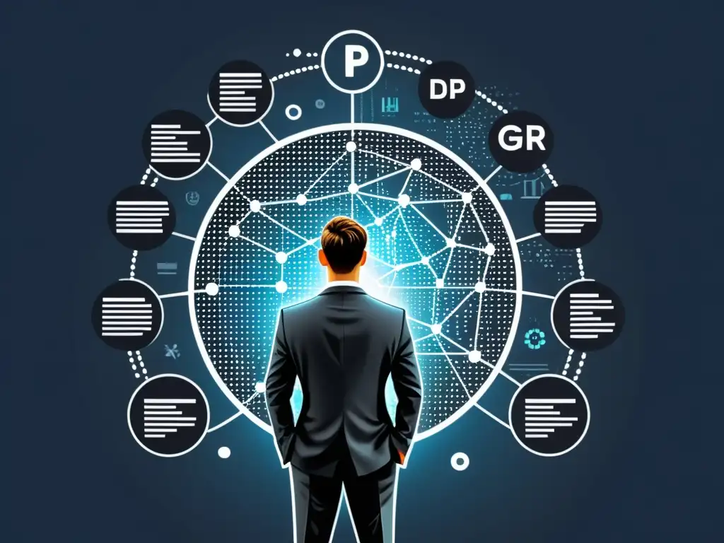 Un analista de datos se adapta a la regulación GDPR, fusionando diagramas de red y visualizaciones de datos con documentos legales y marcos de cumplimiento, simbolizando la intersección del análisis de datos y los requisitos regulatorios en un diseño moderno y elegante que muestra el impacto de la regulación GDPR en el