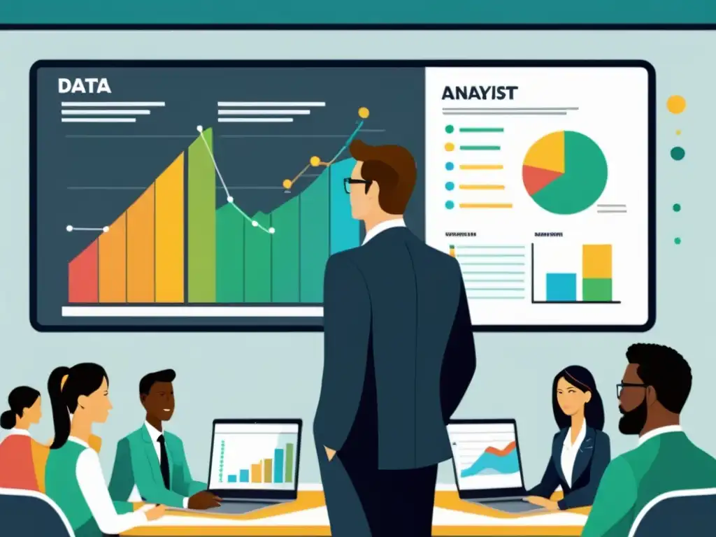 Un analista de datos presenta visualizaciones impactantes a una audiencia comprometida, usando técnicas de storytelling para análisis de datos