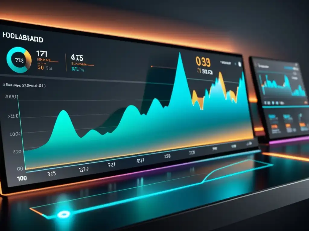 Una visualización analítica predictiva de tecnologías emergentes en un panel futurista, con gráficos holográficos y datos dinámicos