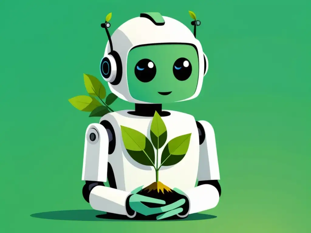 Un androide cuida con ternura una exuberante planta en un entorno sostenible