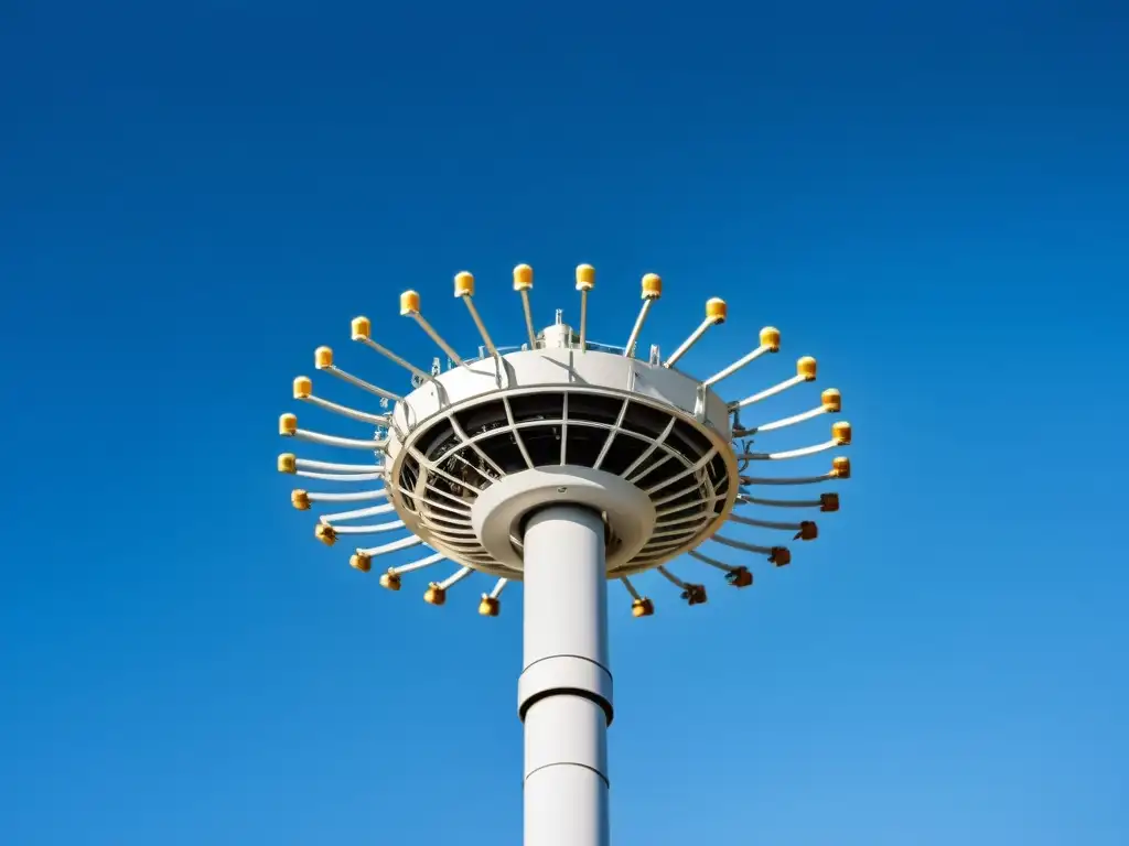 Instalación de antena 5G, red de cables y conectores contra el cielo azul