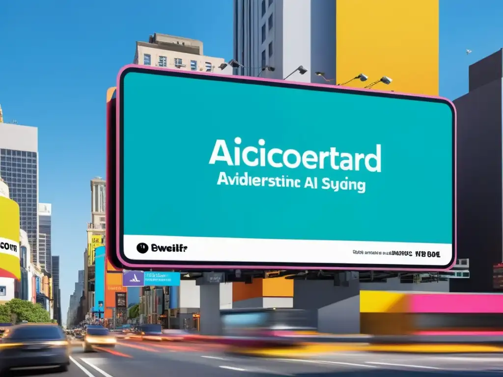 Un anuncio dinámico en una ciudad vibrante destaca el impacto de la inteligencia artificial en la publicidad, con colores vibrantes y diseño innovador