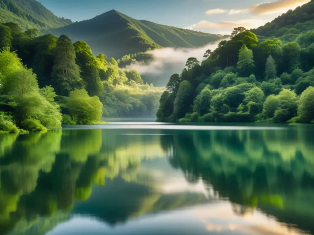 Un apacible lago rodeado de exuberante vegetación, reflejando serenidad y organización como en el almacenamiento de datos en Data Lake