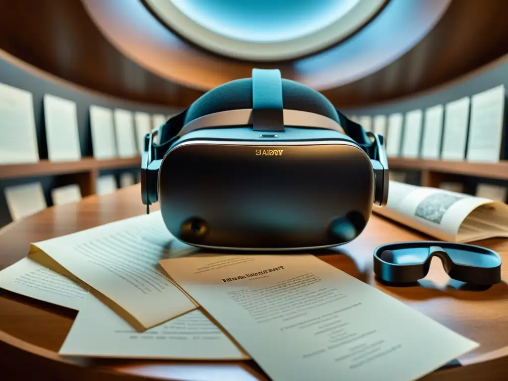 Visualización de archivos históricos con RV/RA: Un headset de realidad virtual rodeado de documentos históricos en un espacio digital futurista