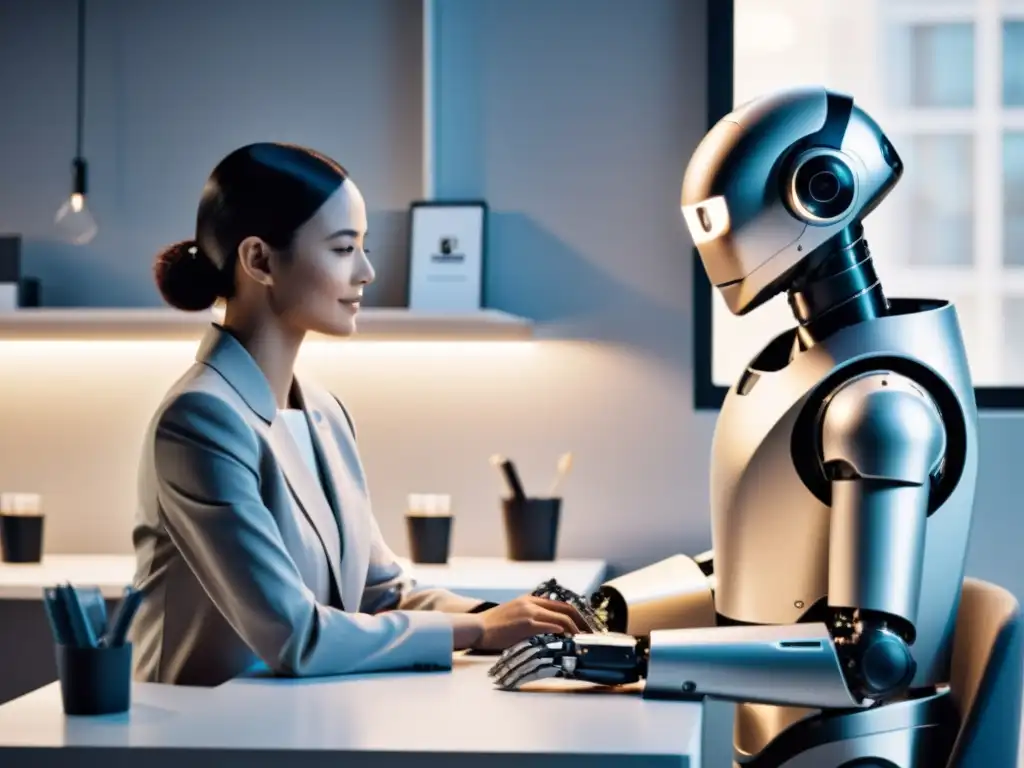 Colaboración armoniosa: humano y robot trabajando juntos Interacción armoniosa entre robots y empleados, mostrando colaboración en un entorno de trabajo moderno y limpio