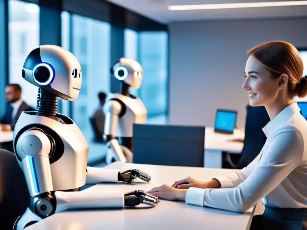 Colaboración humano-robot en oficina moderna Interacción armoniosa entre robots y empleados en una oficina moderna, mostrando habilidades blandas