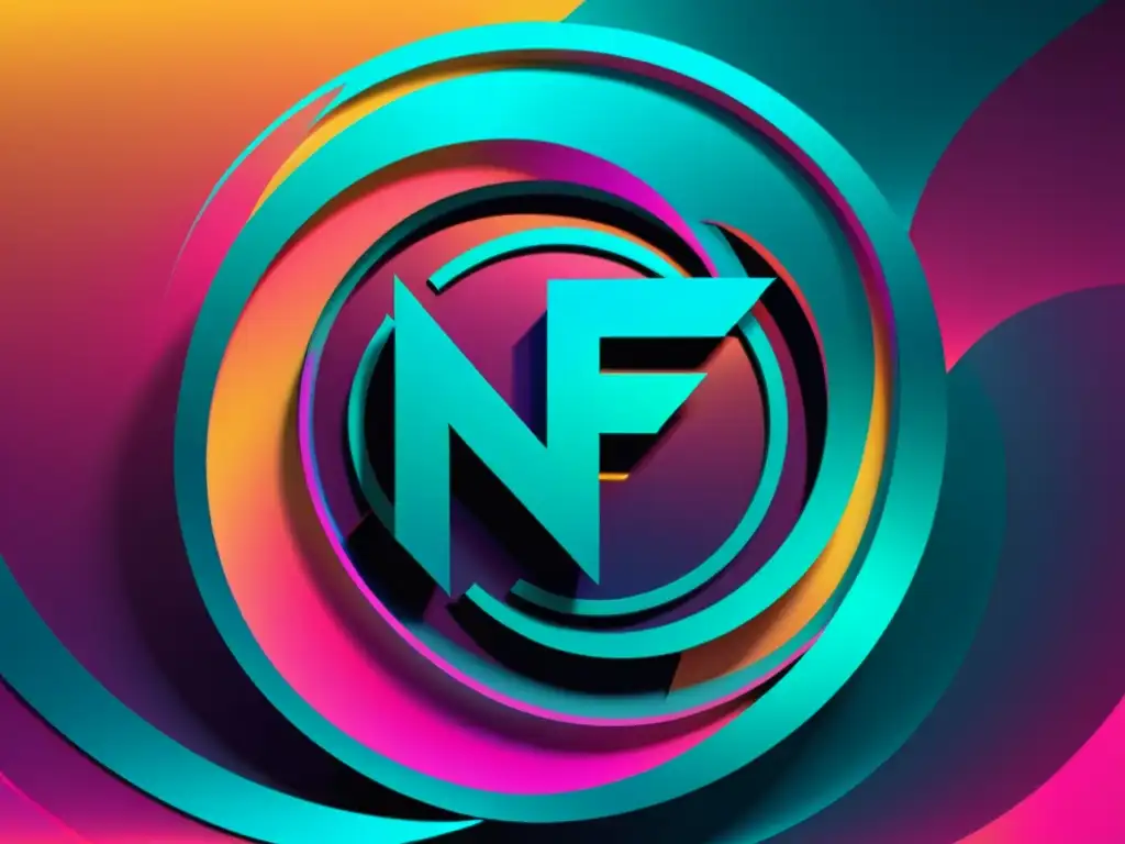 Arte digital futurista con logo metálico evolucionando hacia un símbolo NFT dinámico, rodeado de patrones vibrantes