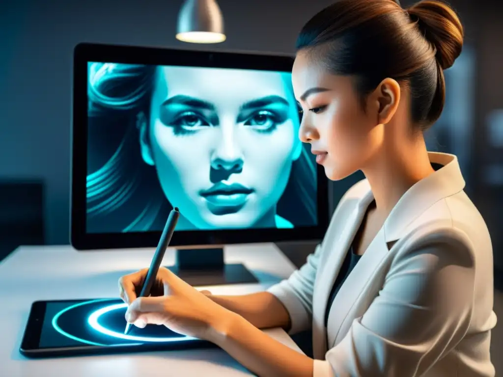 Un artista digital utiliza aplicaciones de inteligencia artificial en arte para crear un retrato realista en un espacio minimalista y futurista