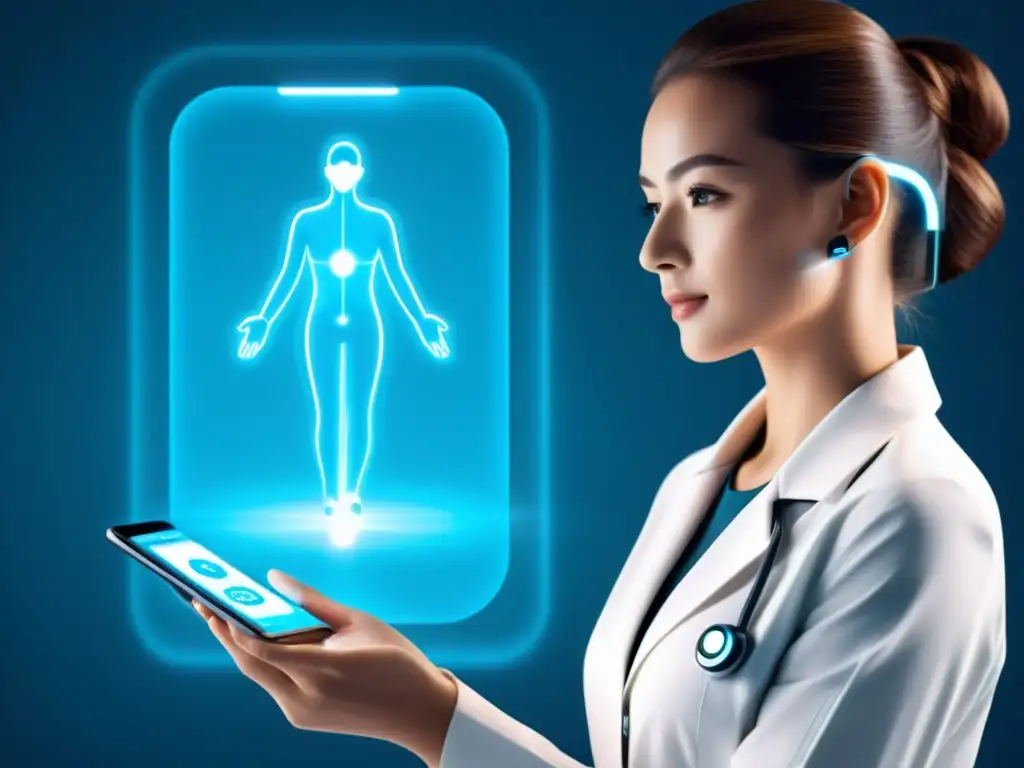 Un asistente virtual de IA en salud proyectado desde un smartphone, mostrando datos médicos y tecnología avanzada en un entorno sanitario moderno