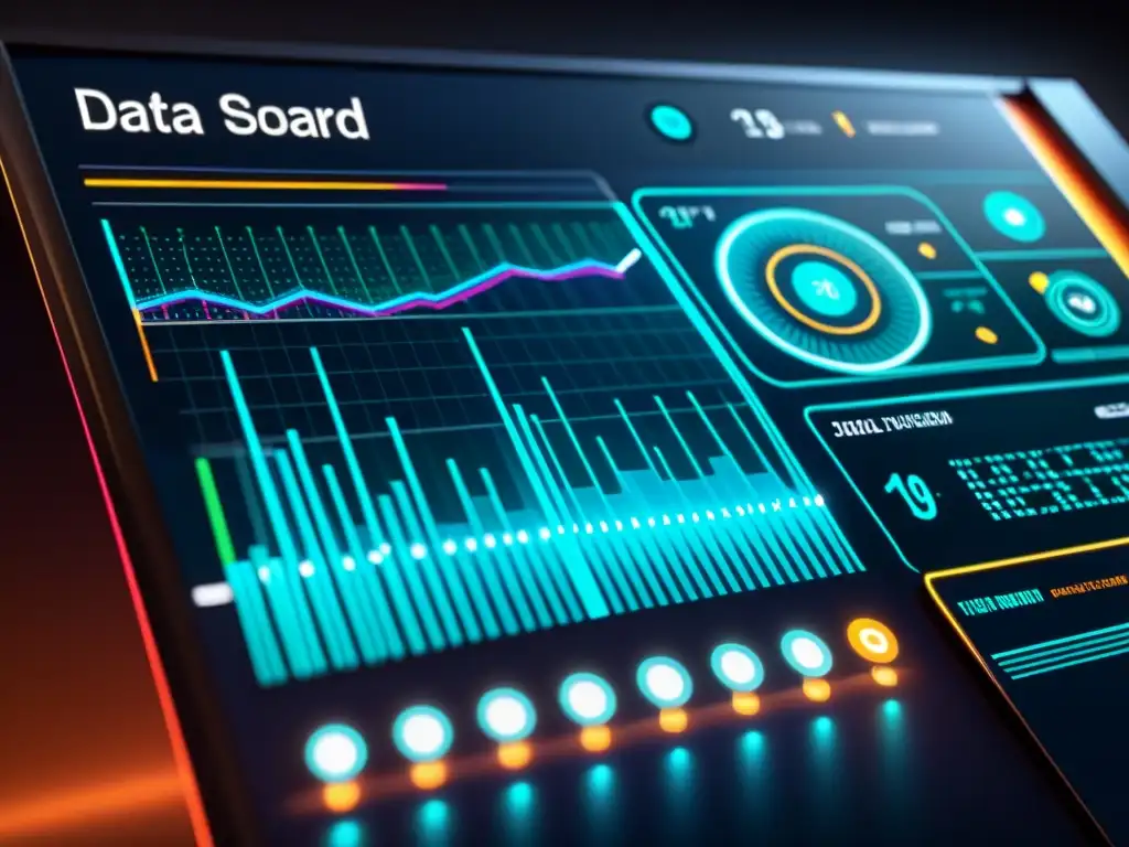 Un asombroso panel de visualización de datos futurista con vibrantes nodos conectados y flujos de datos