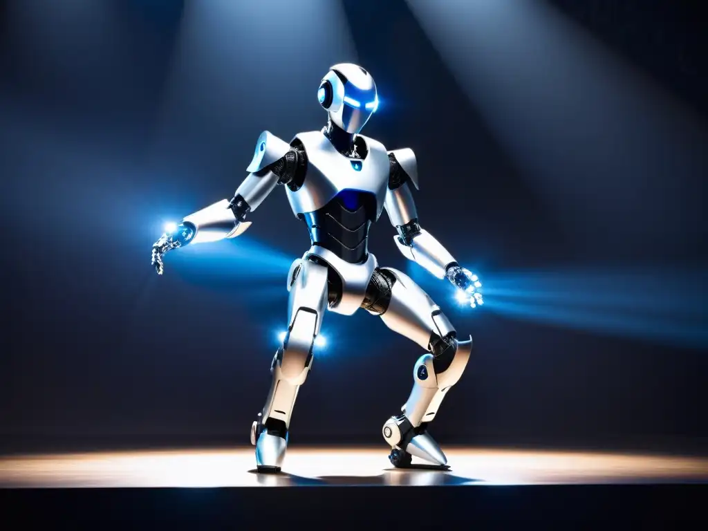 Un asombroso robot humanoides realiza una impresionante danza acrobática en el escenario, mientras su resplandeciente mirada azul cautiva al público