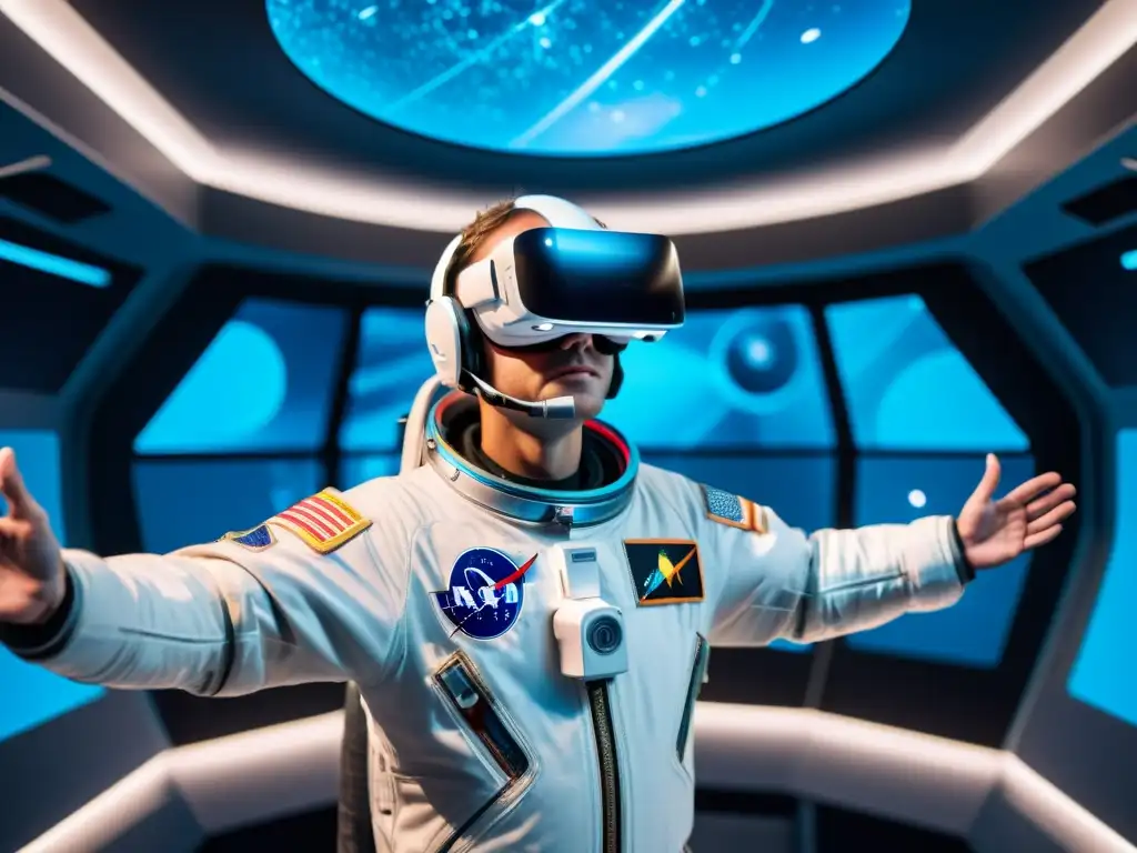 Un astronauta en una cámara de simulación de realidad virtual alcanzando una representación holográfica de la Tierra