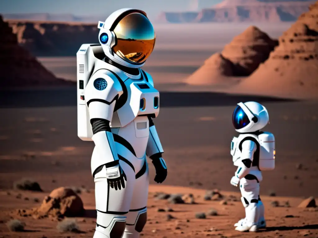 Un astronauta y un robot frente a paisaje marciano, representando la colaboración humano-robot exploración espacial