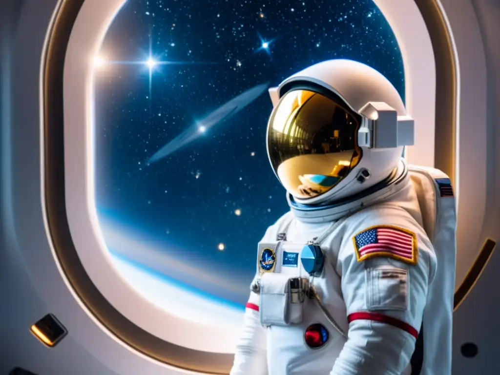 Astronauta reflexivo contempla el espacio Un astronauta contempla el vasto espacio desde una estación espacial