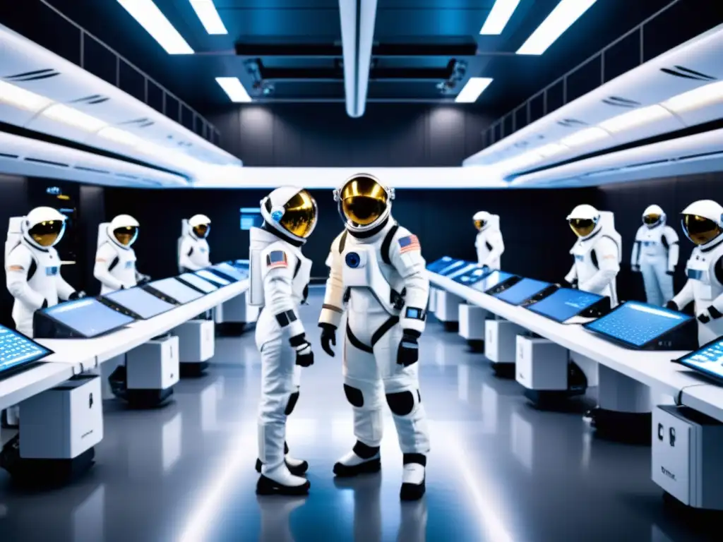 Entrenamiento espacial con robots futuristas Astronautas se entrenan con robots en instalación espacial de alta tecnología, destacando la intensidad del entrenamiento para misiones espaciales